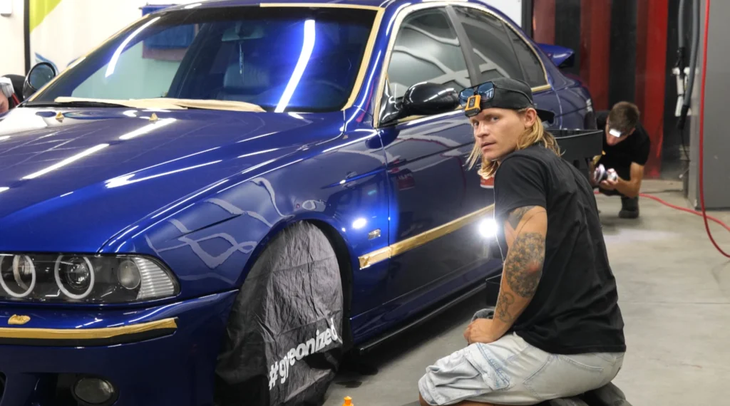 Car detailing in a workshop, paint corection.