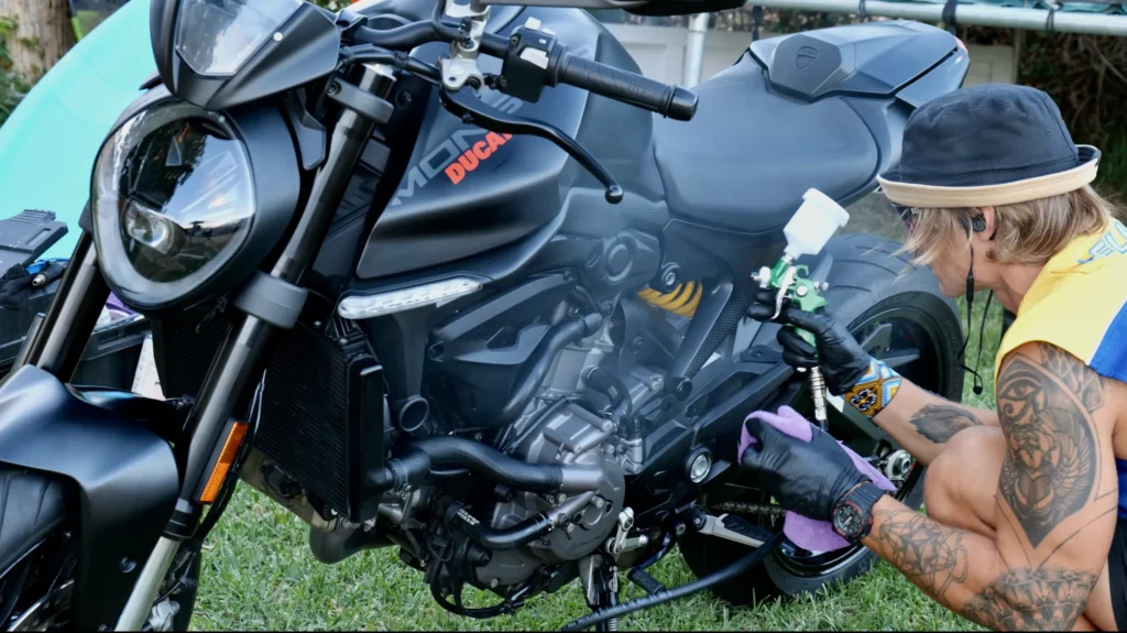 Aplying ceramic coating on motorbike, ducati.