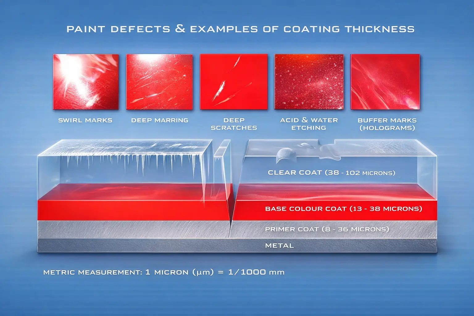 Car paint defects diagram showing swirl marks, deep scratches, etching and clear coat thickness layers in microns